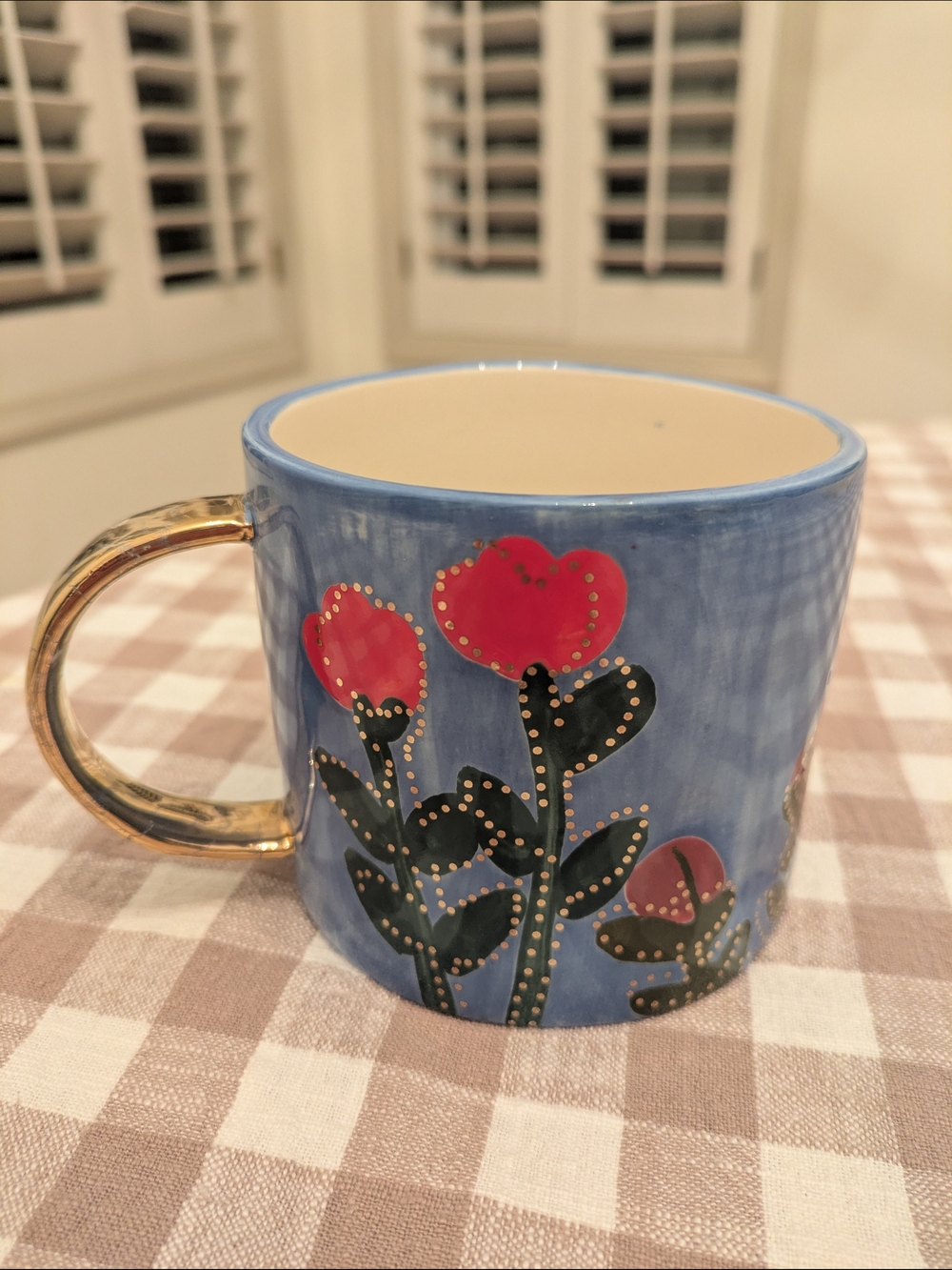 Anthropologie Francesca Kaye Atelier Blue Floral Mug with Gold Handle
